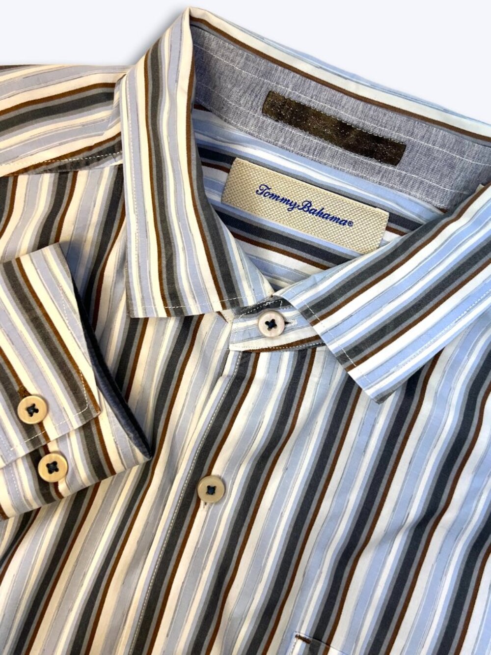 Tommy Bahama Men L Blue Brown Striped 100% Cotton Coastal Old Money Resort Shirt